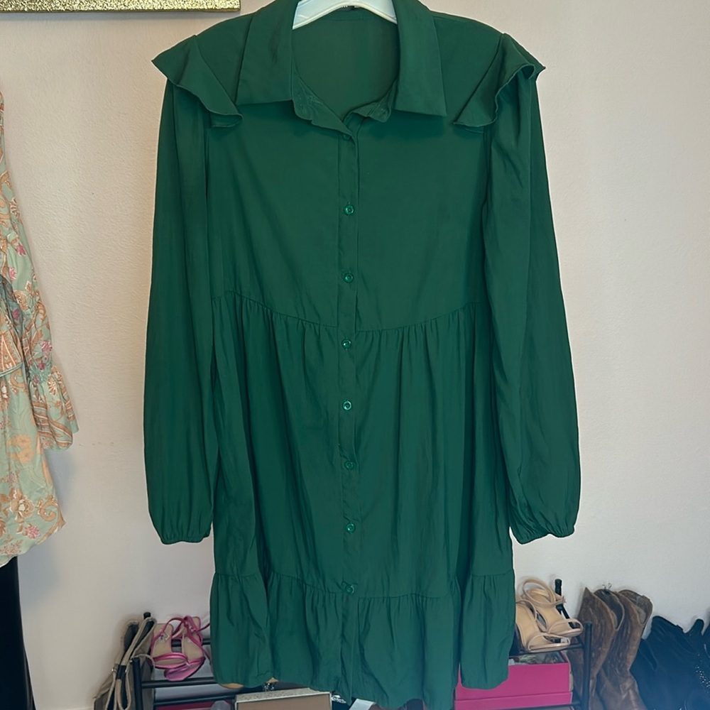 SHEIN Dress Hunter Green Ruffle At Shoulder L/S Midi